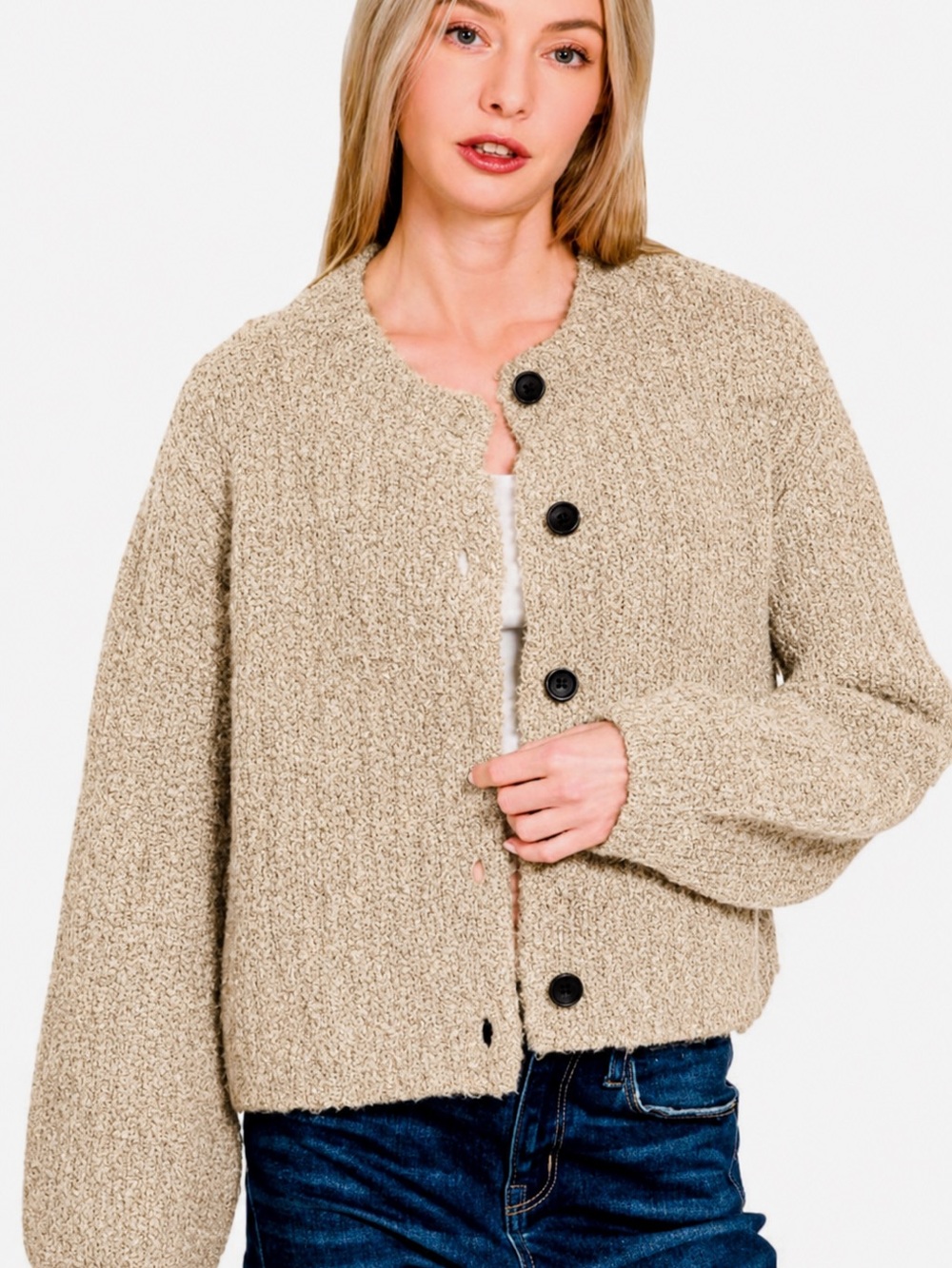 Zenana Outfitters Bouclé Button-Front Cardigan in Beige